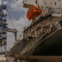 The Brave Commander cargo vessel laden with grain destined for Ethiopia, at Pivdennyi Port, Ukraine, on Sunday. It is the first ship specially chartered by the World Food Programme as part of an effort to direct much-needed grain to countries affected most by food shortages caused by Russia’s invasion of Ukraine.  | DANIEL BEREHULAK / THE NEW YORK TIMES