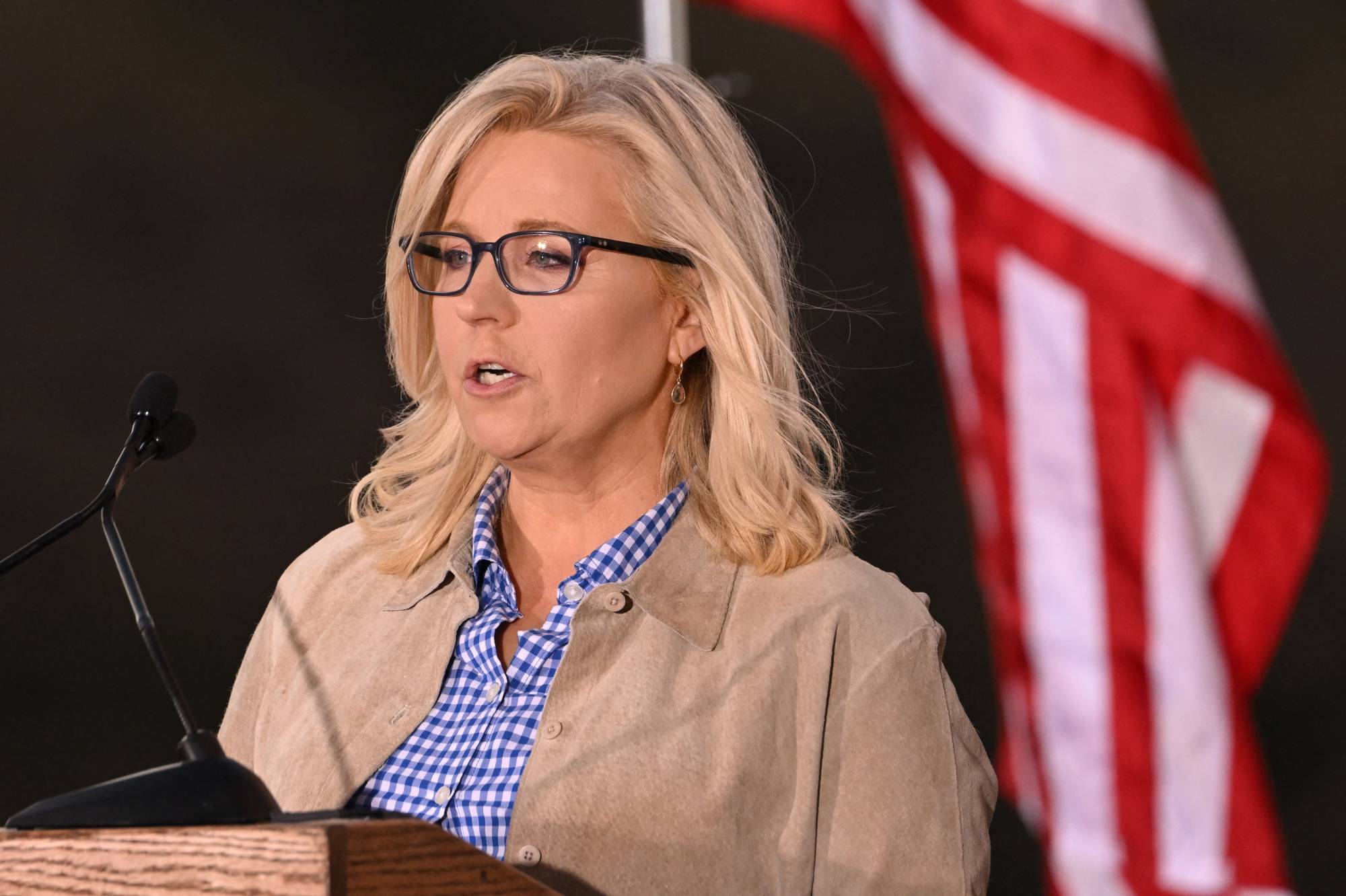 Rep. Liz Cheney speaks to supporters at an election night event during the Wyoming primary election at Mead Ranch in Jackson, Wyoming, on Tuesday. | AFP-JIJI