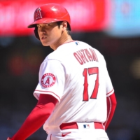 Los Angeles Angels designated hitter Shohei Ohtani reacts during the fifth inning at Angel Stadium in Anaheim, California, on Wednesday.  | USA TODAY / VIA REUTERS