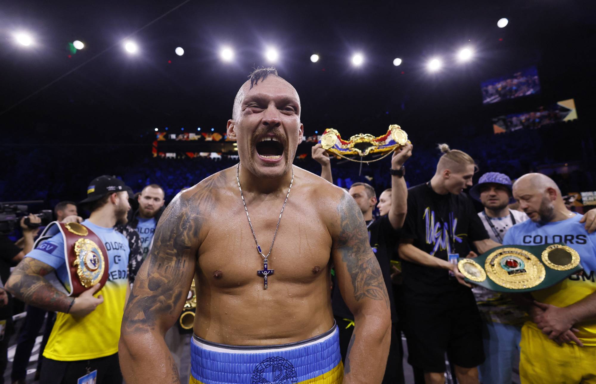  Oleksandr Usyk celebrates after winning his fight against Anthony Joshua in Jeddah on Saturday. | REUTERS
