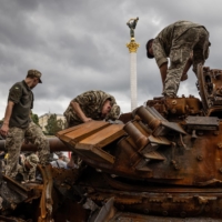 Captured Russian military hardware is displayed in Kyiv on Saturday, ahead of Wednesday\'s six-month anniversary of the Russian invasion of Ukraine. | JIM HUYLEBROEK / THE NEW YORK TIMES