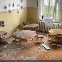 An image of a ruined kindergarten in Ozera, a village northwest of Kyiv