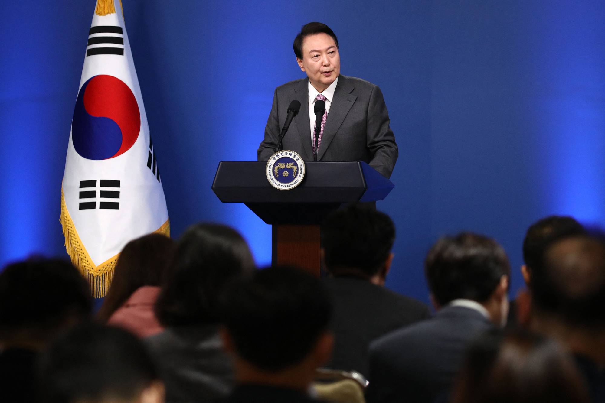 South Korean President Yoon Suk-yeol delivers a speech during in Seoul on Aug.17. | AFP-JIJI