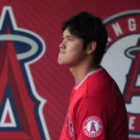 Angels designated hitter Shohei Ohtani watches from the dugout in Anaheim, California, on Tuesday. | USA TODAY / VIA REUTERS