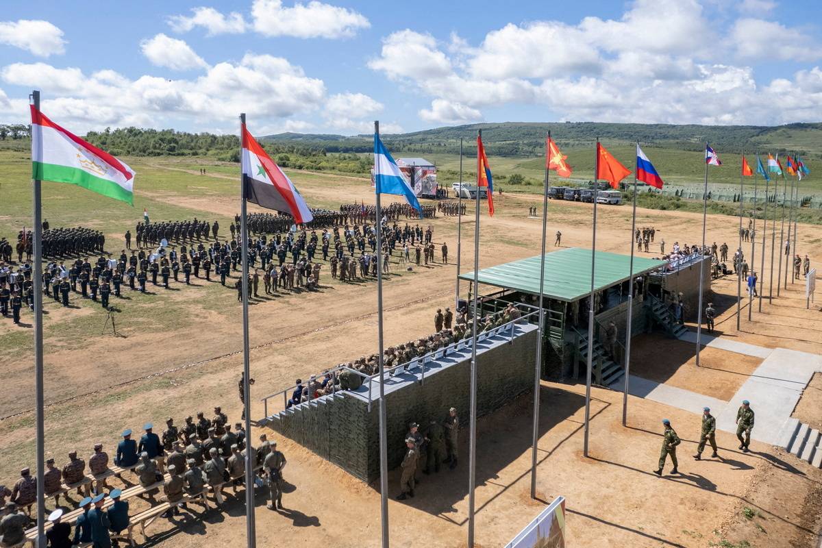 Participants attend a ceremony opening Vostok 2022 military exercises at a firing ground in the far eastern Primorsky region, Russia, on Wednesday. | Russian Defense Ministry / via REUTERS