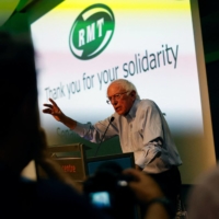 U.S. Senator Bernie Sanders speaks during a Rail, Maritime and Transport Workers union rally in support of London transport workers, at the Trades Union Congress headquarters in London, on Wednesday. | AFP-JIJI
