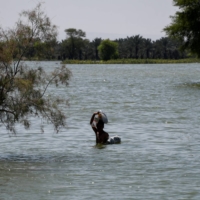 A flood victim wades through flood water following rains and floods during the monsoon season in Sehwan, Pakistan, on Wednesday. | REUTERS