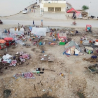 Makeshift tents as flood victims take refuge, following rains and floods during the monsoon season, in Dera Allah Yar  town of Jaffarabad district, Pakistan, on Thursday. | REUTERS