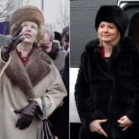 Then-British Prime Minister Margaret Thatcher (left) visiting Trinity St. Sergius monastery in Zagorsk, 70 kilometers northeast of Moscow, on March 29, 1987; British Foreign Secretary Liz Truss arriving to visit the the National Museum of the Holodomor-Genocide in Kyiv on Feb. 17. | AFP-JIJI