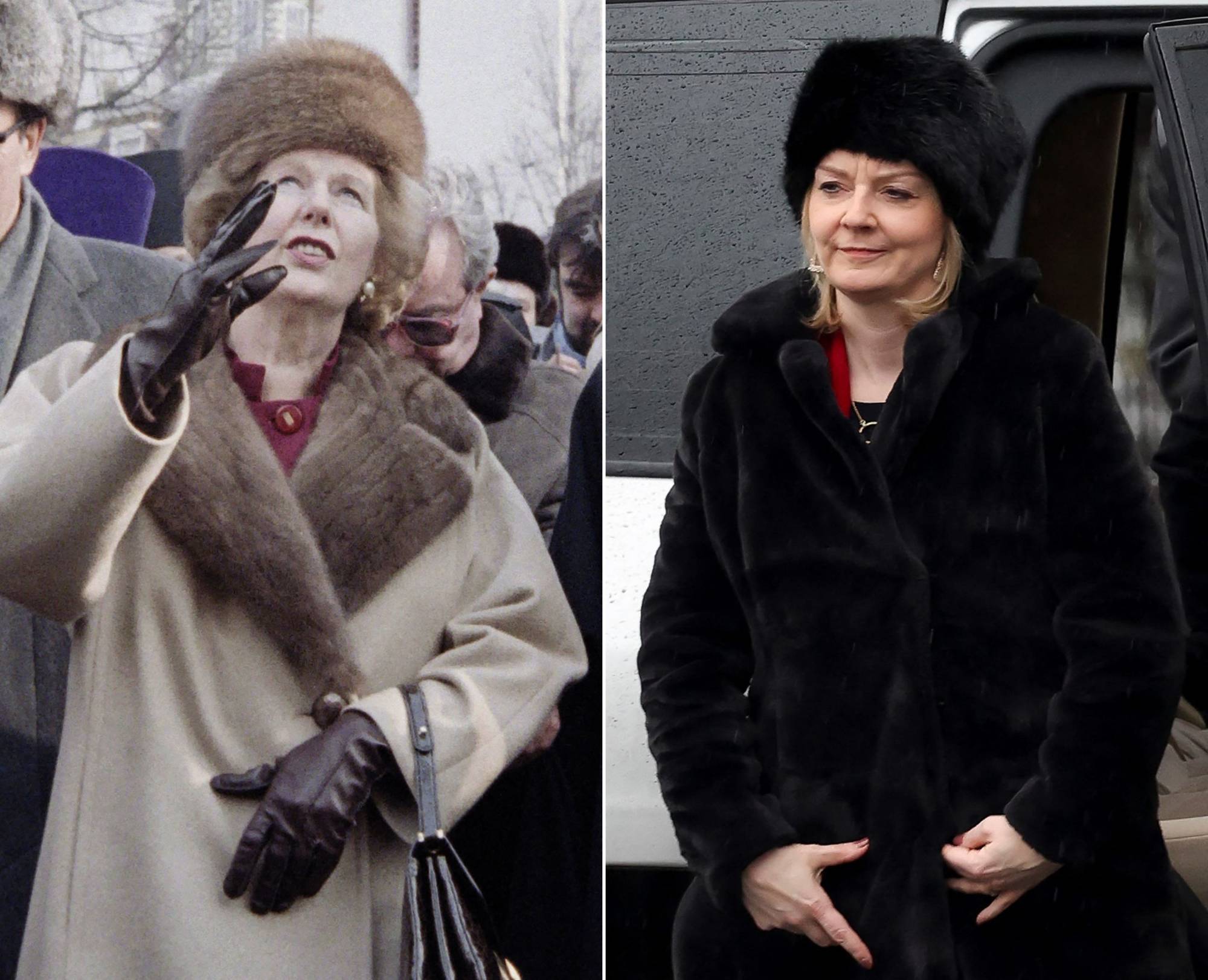 Then-British Prime Minister Margaret Thatcher (left) visiting Trinity St. Sergius monastery in Zagorsk, 70 kilometers northeast of Moscow, on March 29, 1987; British Foreign Secretary Liz Truss arriving to visit the the National Museum of the Holodomor-Genocide in Kyiv on Feb. 17. | AFP-Jiji