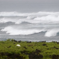Large waves caused by Typhoon Hinnamnor are seen Saturday from Yomitan village on Okinawa\'s main island.  | KYODO 