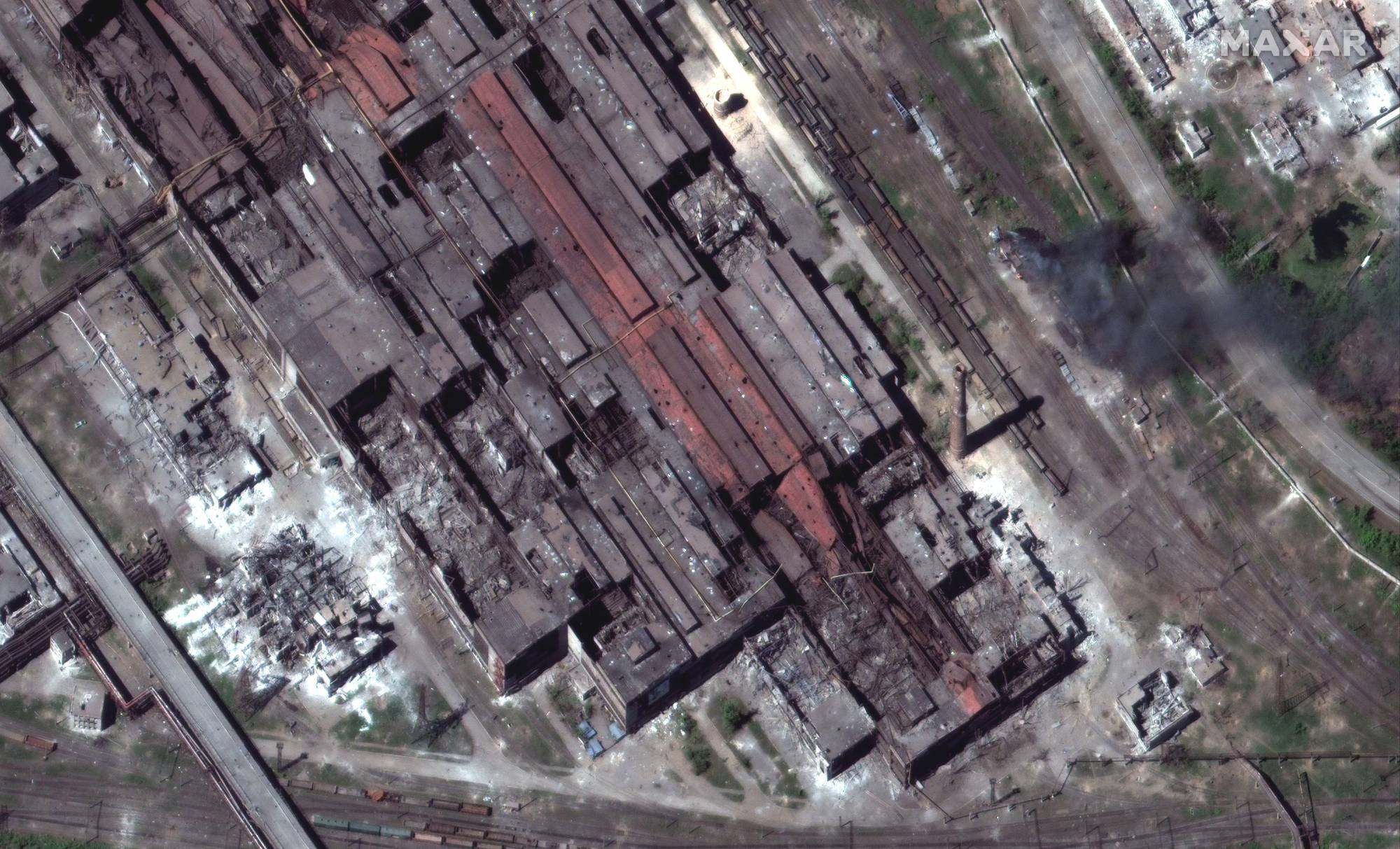 A satellite image shows Azovstal steel plant's eastern end, in Mariupol, Ukraine, on May 12. Maxar Technologies, a satellite images provider, has supported the Ukrainian troops by offering information. | Satellite image 2022 Maxar Technologies / via REUTERS