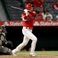 Angels designated hitter Shohei Ohtani hits his second home run of the night against the Tigers in Anaheim, California, on Monday. | USA TODAY / VIA REUTERS