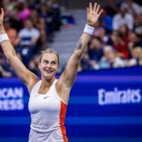 Aryna Sabalenka celebrates after defeating Danielle Collins in the U.S. Open women\'s singles tournament in New York on Monday. | AFP-JIJI