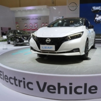 Nissan\'s Leaf electric vehicle at the Gaikindo Indonesia International Auto Show in Tangerang, Indonesia, on Aug. 18 | BLOOMBERG