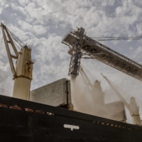 The Brave Commander, a cargo vessel chartered by the World Food Program, is loaded with wheat grain at a port near Odesa, Ukraine, on Aug. 14. | DANIEL BEREHULAK / THE NEW YORK TIMES