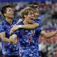 Sho Sasaki celebrates after scoring against South Korea during the EAFF E-1 Championship in Toyota, Japan, on July 27. | REUTERS
