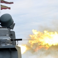 Russia\'s Marshal Shaposhnikov anti-submarine destroyer fires during the Vostok-2022 military exercises in the Sea of Japan on Sep. 5. | AFP-JIJI