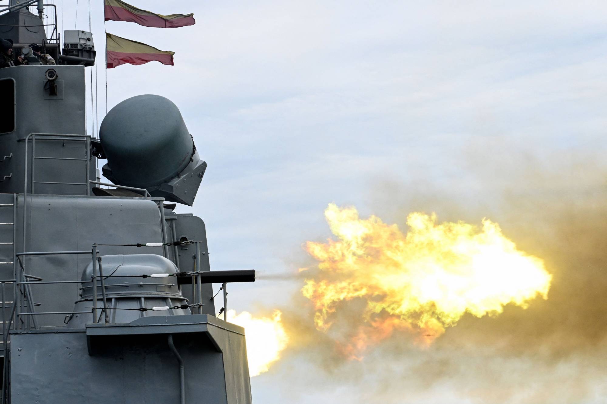 Russia's Marshal Shaposhnikov anti-submarine destroyer fires during the Vostok-2022 military exercises in the Sea of Japan on Sep. 5. | AFP-JIJI