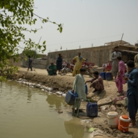 People collecting pipe water in Johi, a town in Sindh, Pakistan, on Tuesday. The death toll from the floods has risen to nearly 1,500 and the physical damage to the country may surpass $30 billion. | KIANA HAYERI / THE NEW YORK TIMES