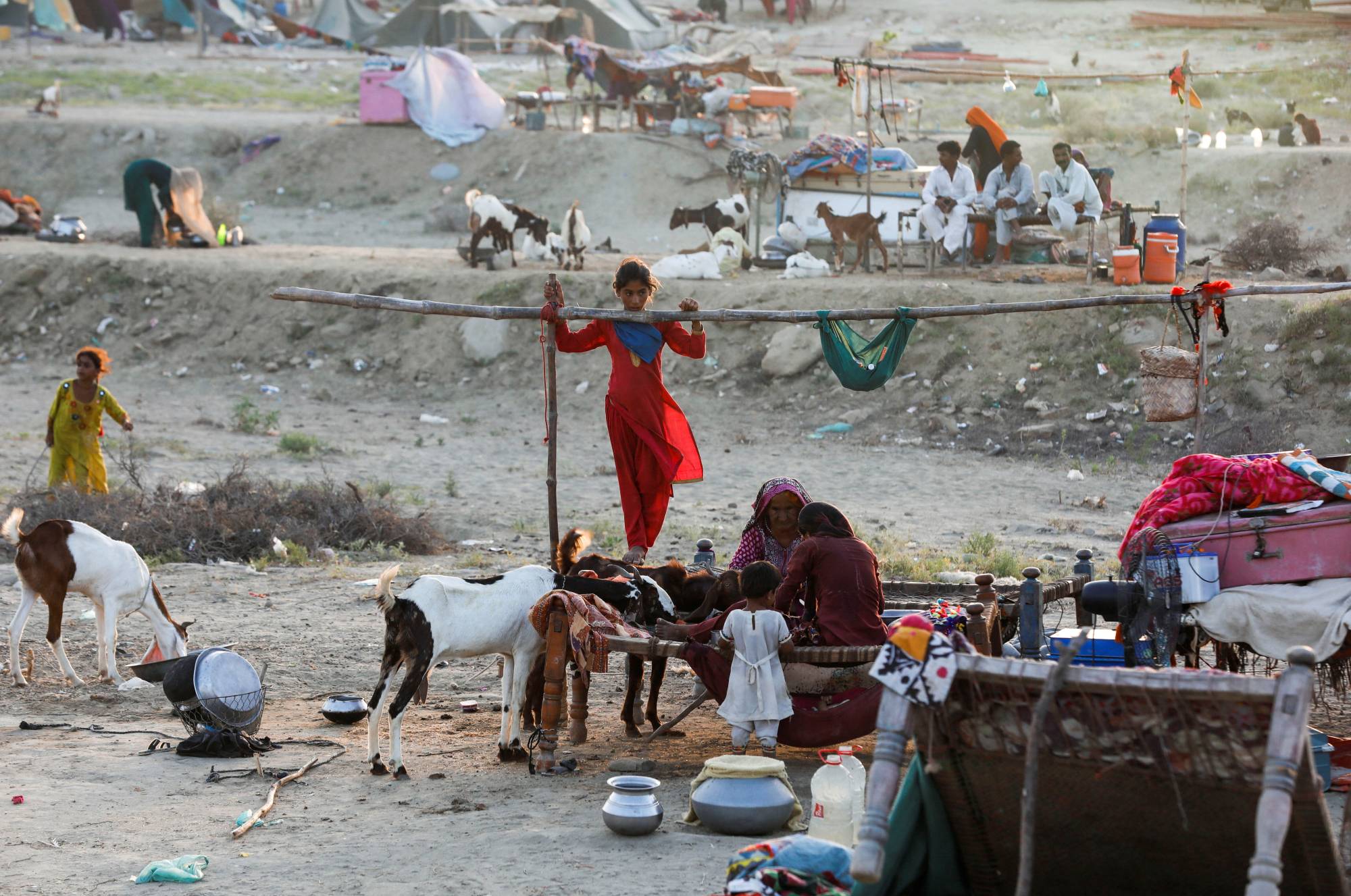 Displaced people take refuge in a camp following rains and floods during the monsoon season in Sehwan, Pakistan, on Thursday. | REUTERS