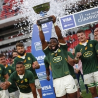 Springboks captain Siya Kolisi and his teammates celebrate their win over Argentina in their Rugby Championship match in Buenos Aires on Saturday. | REUTERS