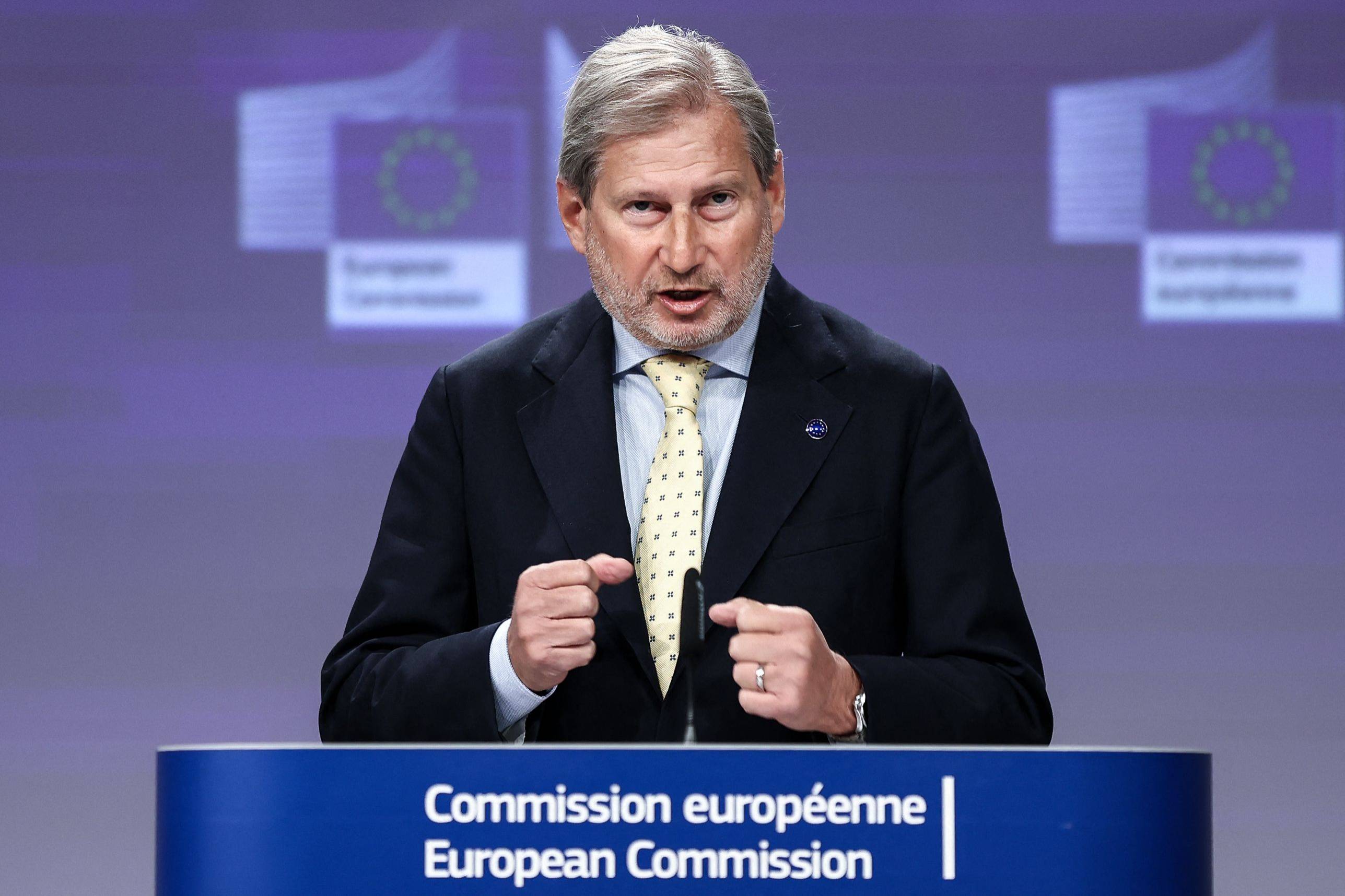 EU commissioner for Budget and Administration Johannes Hahn addresses a news conference on the protection of the EU budget in Hungary at the EU headquarters in Brussels, on Sunday. | AFP-JIJI