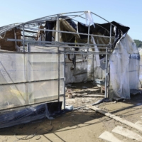 Plastic greenhouses are left damaged in Kunitomi, Miyazaki Prefecture, on Tuesday, after Typhoon Nanmadol swept through western Japan the previous day. | KYODO