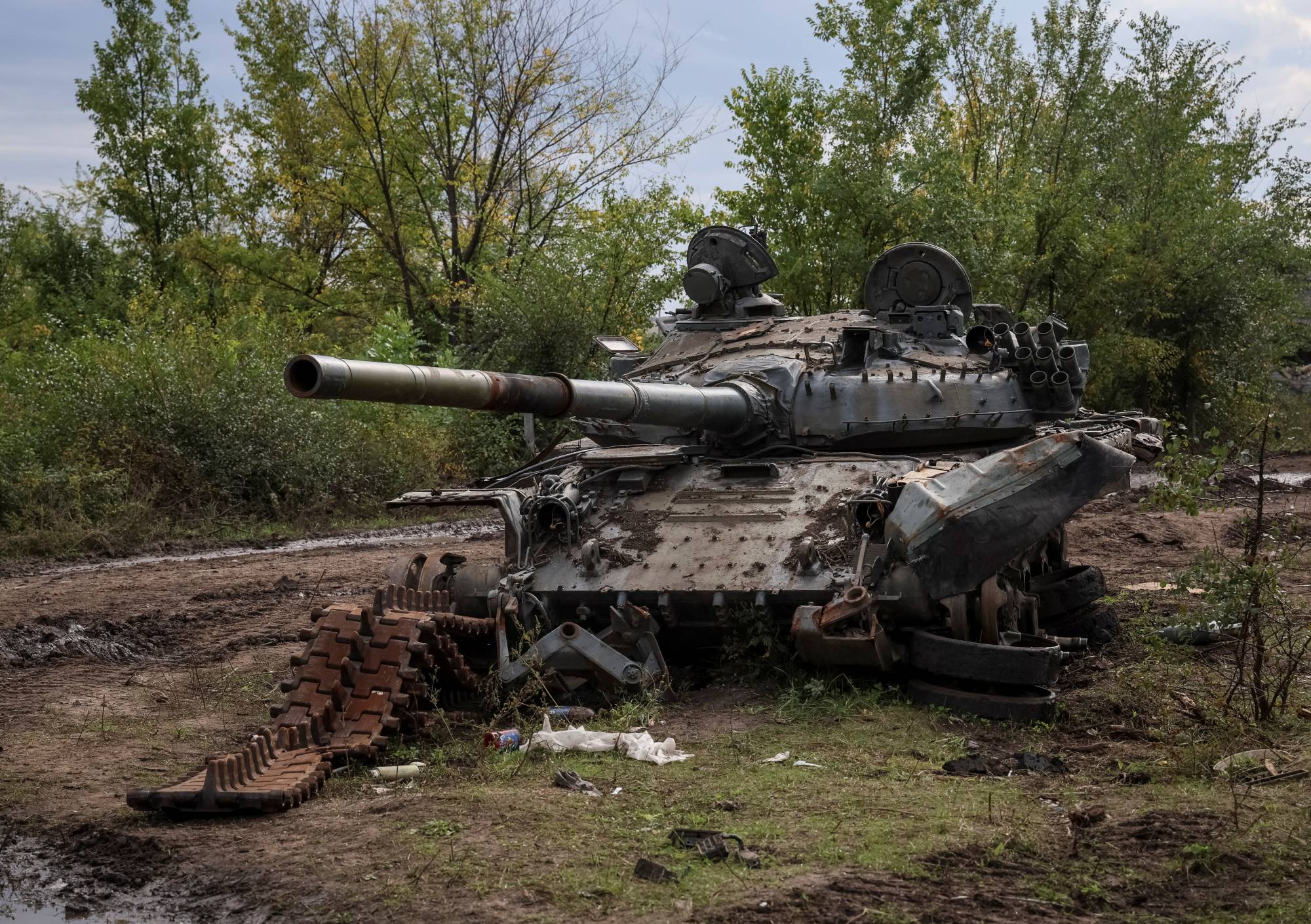 A destroyed Russian tank in the town of Izium, recently liberated by Ukrainian Armed Forces, in Kharkiv region, Ukraine, on Tuesday. | REUTERS