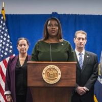 Letitia James, the New York attorney general, holds a news briefing in Manhattan on Wednesday. | HIROKO MASUIKE / THE NEW YORK TIMES
