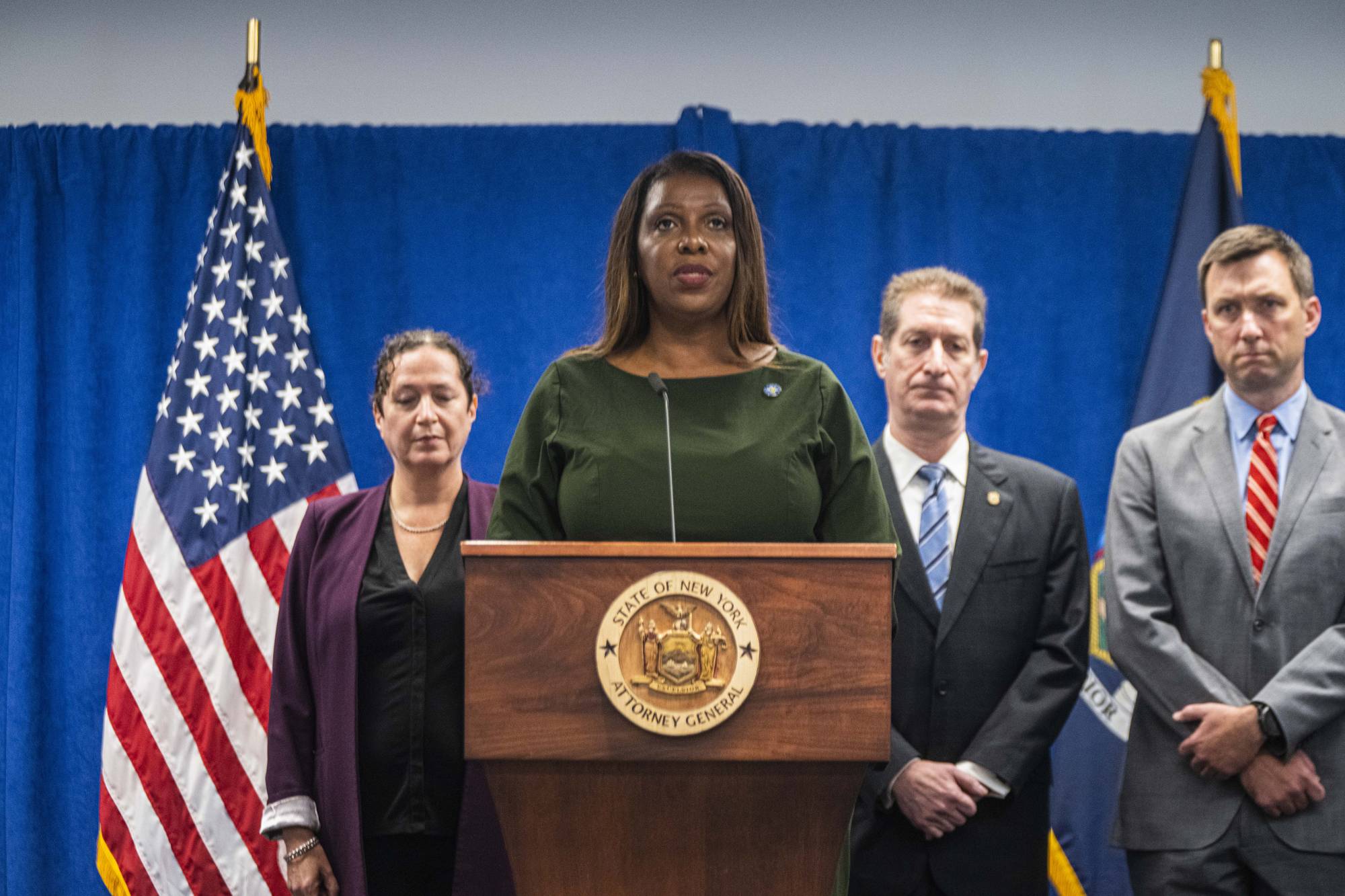 Letitia James, the New York attorney general, holds a news briefing in Manhattan on Wednesday. | Hiroko Masuike / The New York Times