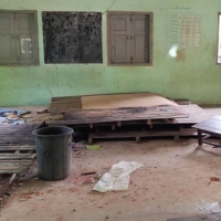 Debris and bloodstains on the floor of a damaged school building in Myanmar\'s northwest Sagaing region. Eleven schoolchildren were killed in an attack by a Myanmar military helicopter.  | AFP-JIJI
