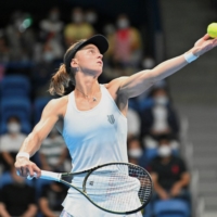 Liudmila Samsonova serves against Zhang Shuai during the Pan Pacific Open semifinals on Saturday.  | AFP-JIJI