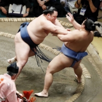 Tamawashi completely overpowered fellow rank-and-filer Tobizaru (9-5), knocking him backward at the jump and then sending him tumbling out of the ring with a two-handed shove. | KYODO 