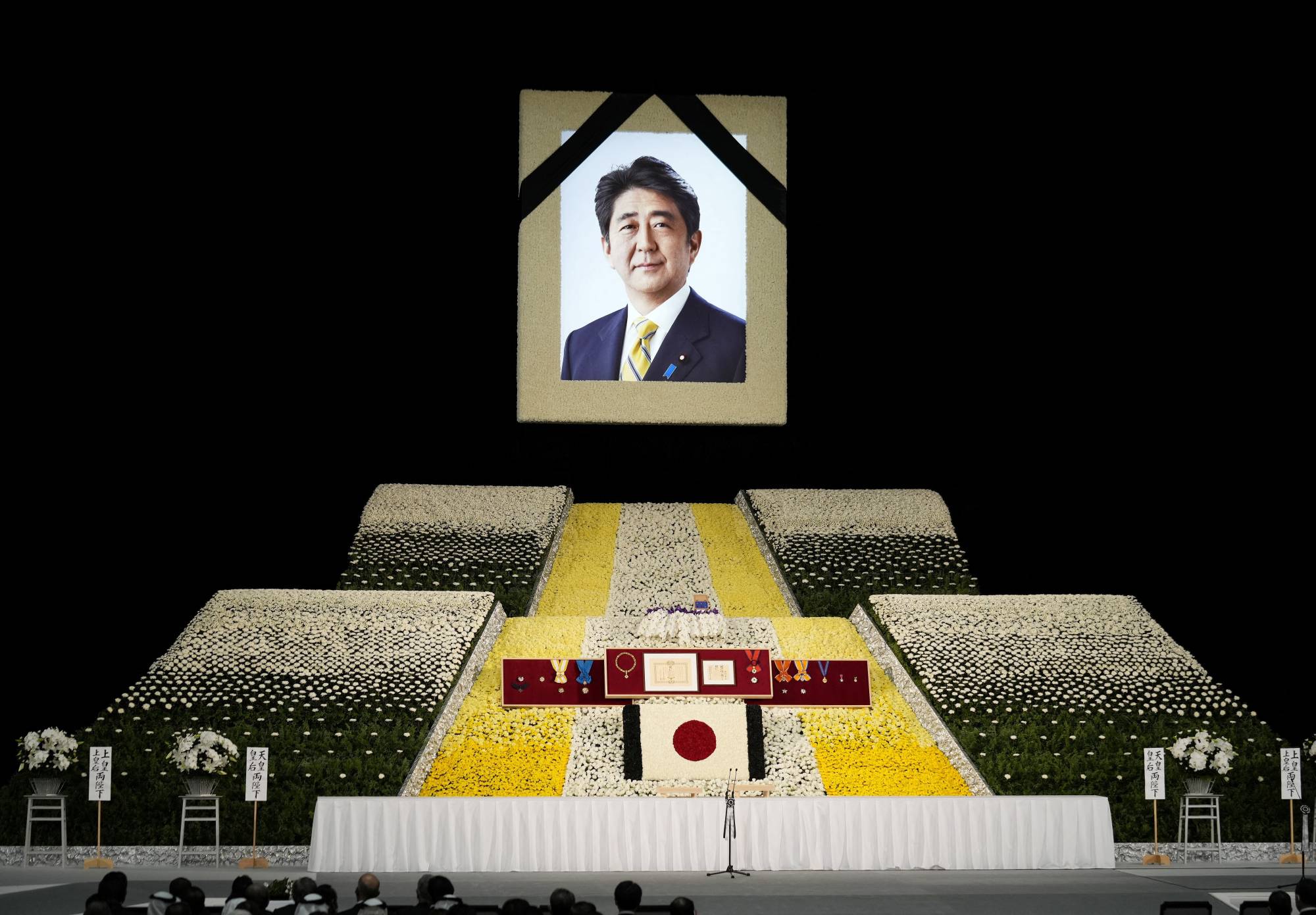 An interior view of the state funeral of former Prime Minister Shinzo Abe at the Nippon Budokan in Tokyo on Tuesday. | POOL / VIA REUTERS
