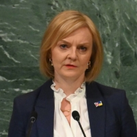 British Prime Minister Liz Truss addresses the United Nations General Assembly at the U.N. headquarters in New York City on Sept. 21. | AFP-JIJI
