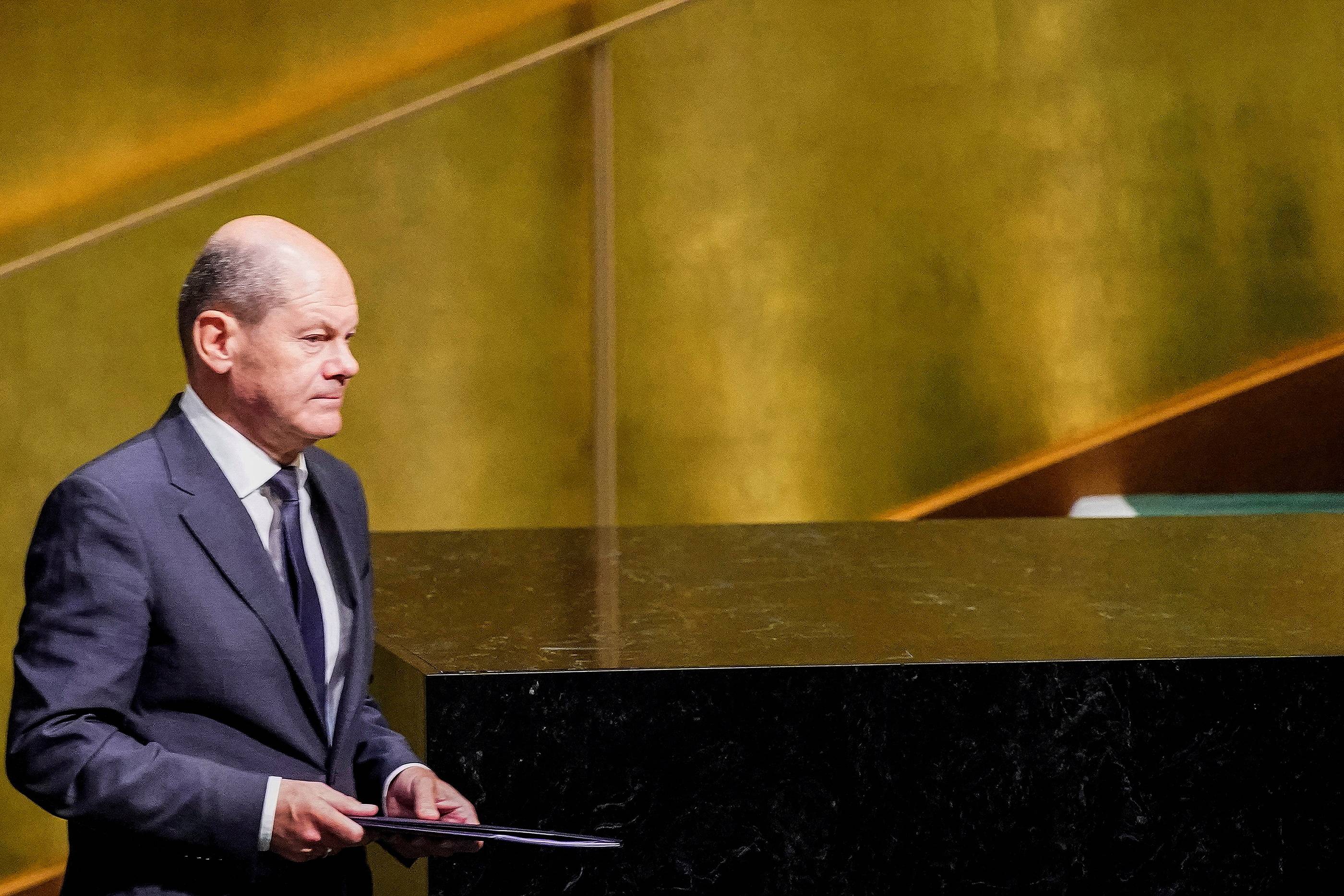 Germany's Chancellor Olaf Scholz prepares to address the 77th Session of the United Nations General Assembly at U.N. Headquarters in New York City on Sept. 20. | REUTERS