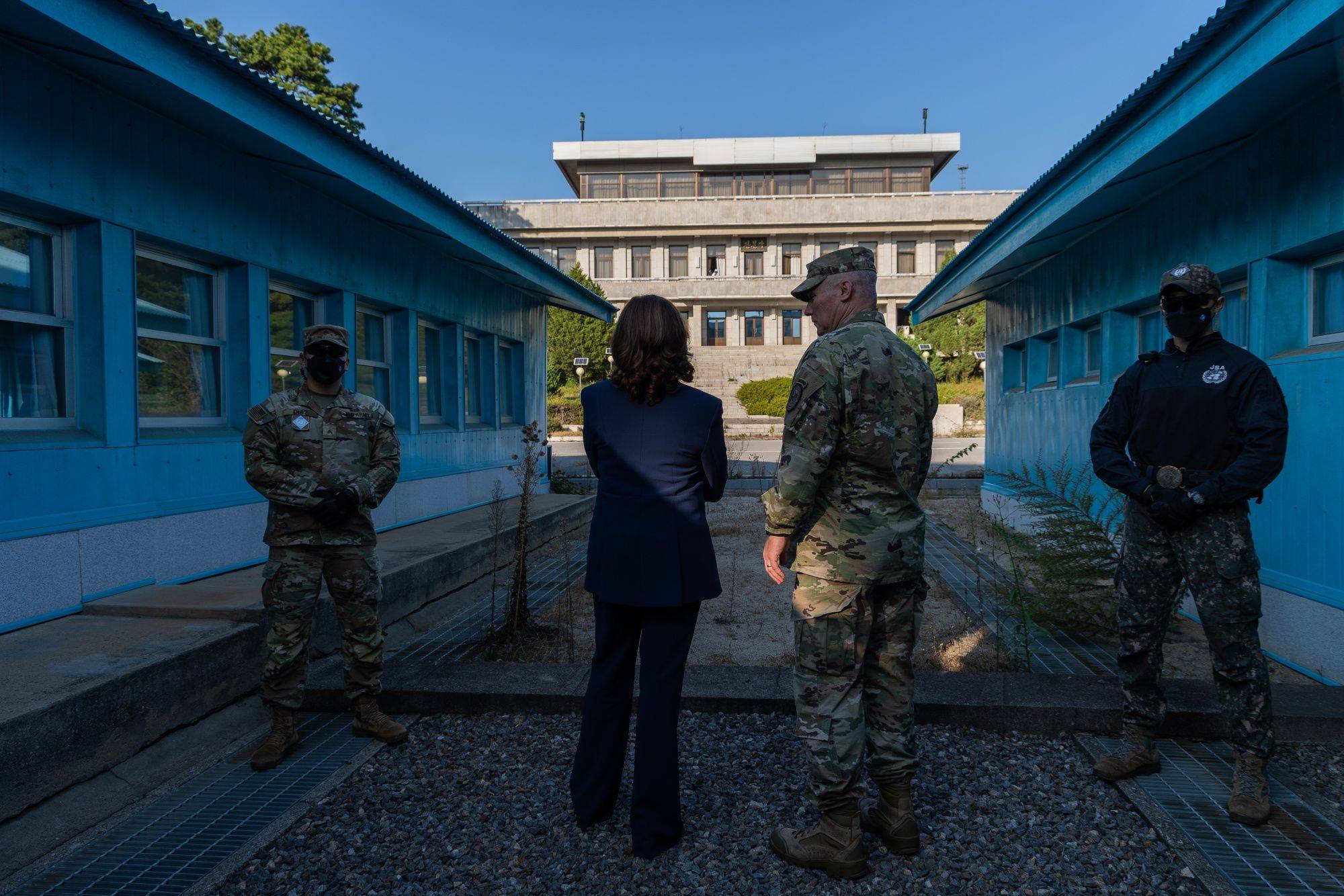 U.S. Vice President Kamala Harris stands near the North Korean border at the truce village of Panmunjom in the Demilitarized Zone in Paju, South Korea, on Thursday. | BLOOMBERG