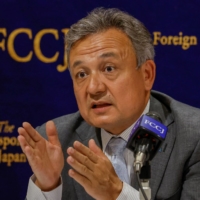 Dolkun Isa, President of the World Uyghur Congress, holds a news conference with other leaders of the Chinese ethnic minority group at the Foreign Correspondents\' Club of Japan in Tokyo on Friday. | REUTERS
