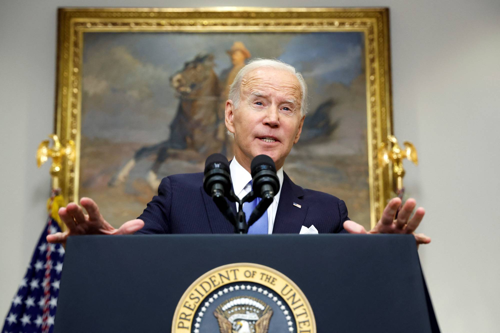 U.S. President Joe Biden makes remarks about Russian President Vladimir Putin's comments on the military conflict in Ukraine, at the White House in Washington on Friday. | REUTERS
