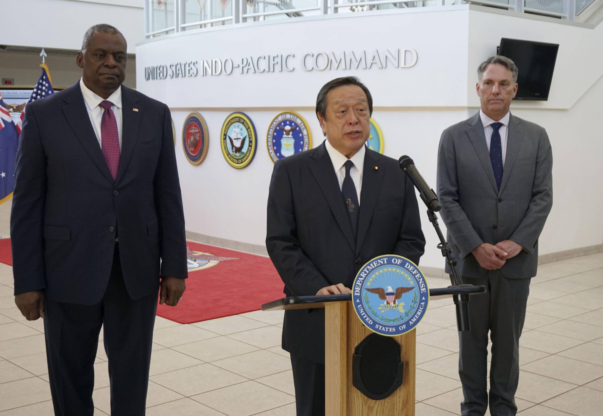 Defense Minister Yasukazu Hamada attends a trilateral meeting with U.S. Secretary of Defense Lloyd Austin and Australian Defense Minister Richard Marles at the U.S. Indo-Pacific Command headquarters in Honolulu on Saturday. | KYODO
