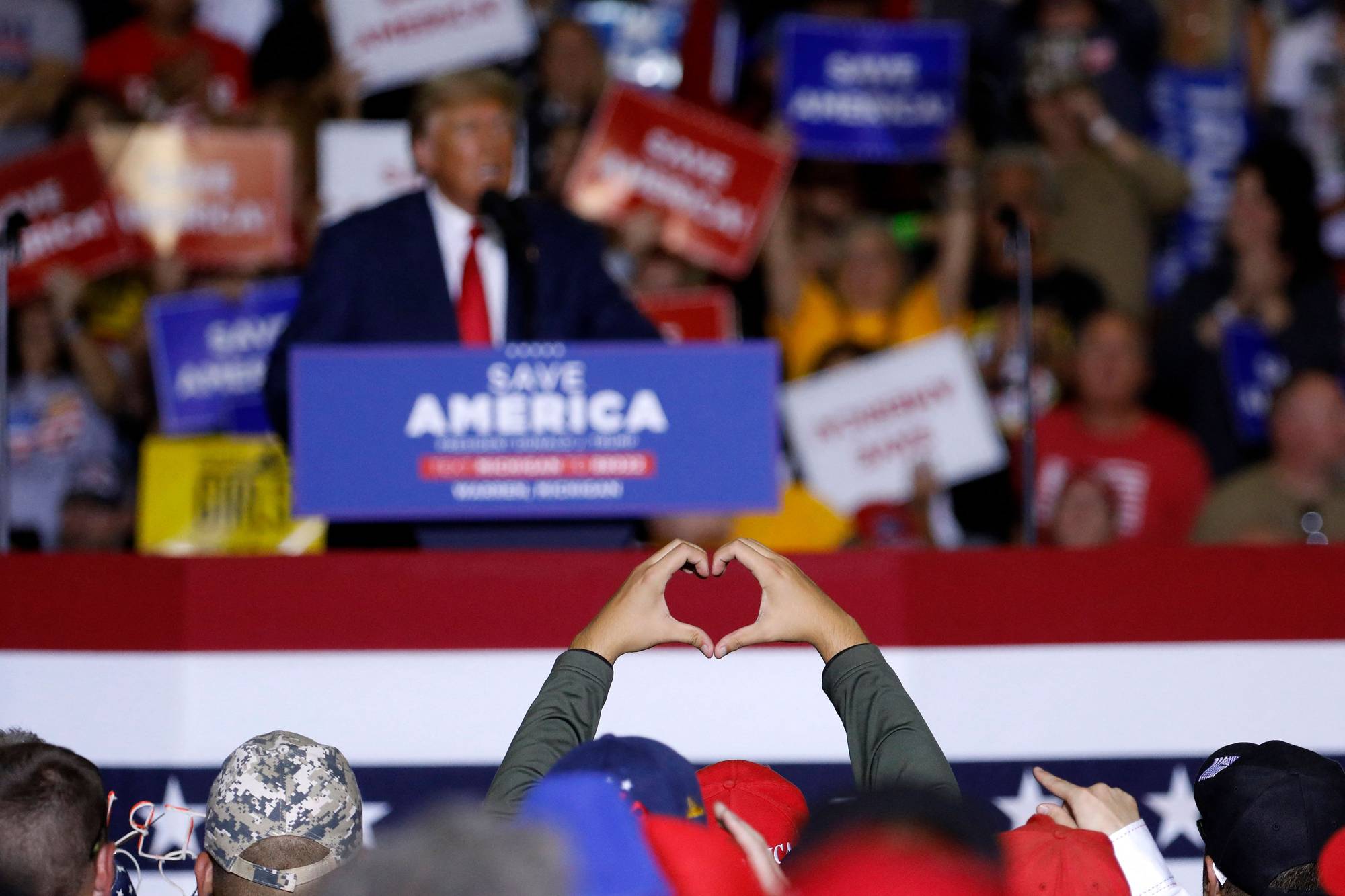 Former U.S. President Donald Trump speaks during a rally in Warren, Michigan, on Saturday.  | AFP-JIJI