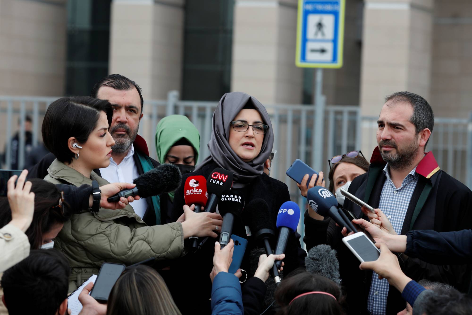 Hatice Cengiz, fiancee of the murdered Saudi journalist Jamal Khashoggi, talks to the media outside Justice Palace, the Caglayan Courthouse, after attending a trial on the killing of Khashoggi at the Saudi Arabian Consulate in Istanbul, in April. | REUTERS