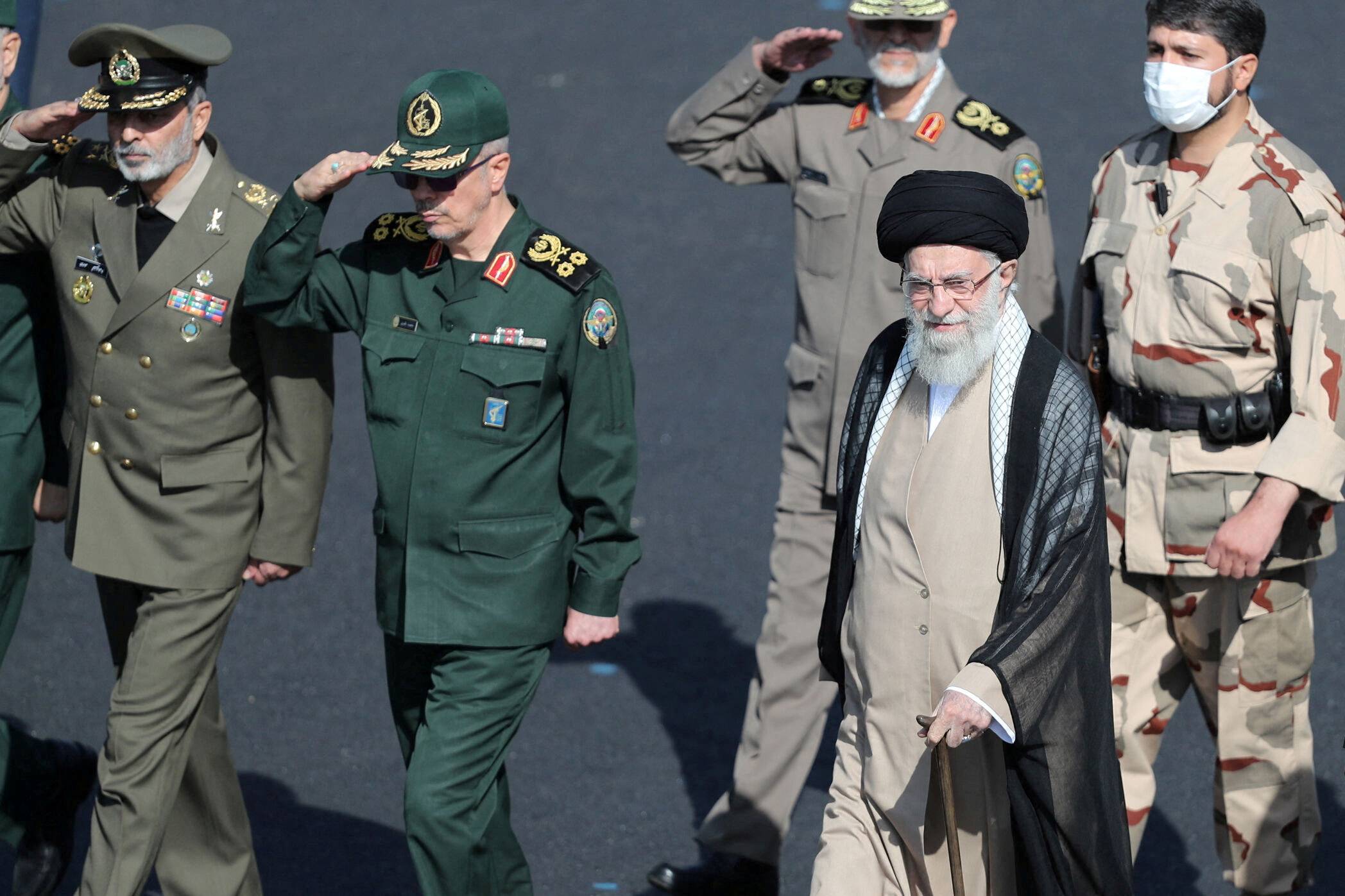 Iranian Supreme Leader Ayatollah Ali Khamenei reviews armed forces during a graduation ceremony at the police academy in Tehran on Monday.  | OFFICE OF THE IRANIAN SUPREME LEADER / WEST ASIA NEWS AGENCY / VIA REUTERS