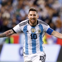 Lionel Messi celebrates after scoring for Argentina during a friendly against Jamaica in Harrison, New Jersey, on Sept. 28. | AFP-JIJI