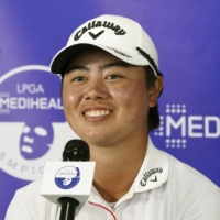 Yuka Saso speaks during a news conference after the final round of the Mediheal Championship in Somis, California, on Sunday.  | KYODO