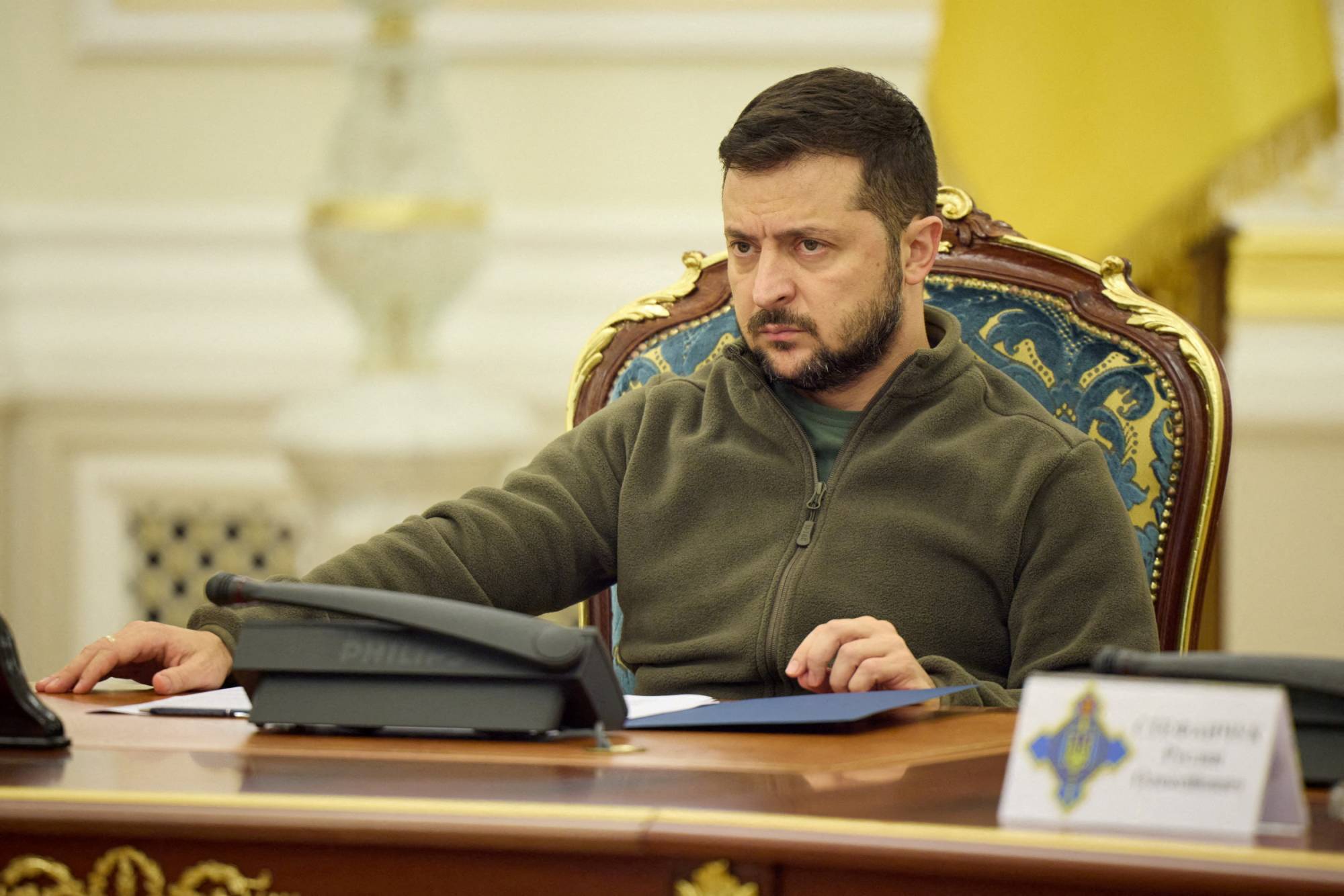 Ukrainian President Volodymyr Zelenskyy attends a meeting of the National Security and Defense Council in Kyiv on Sept. 30.
 | Ukrainian Presidential Press Service / via REUTERS 