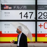 A monitor in Tokyo displays the yen weakening below ¥147 against the dollar on Friday. | REUTERS