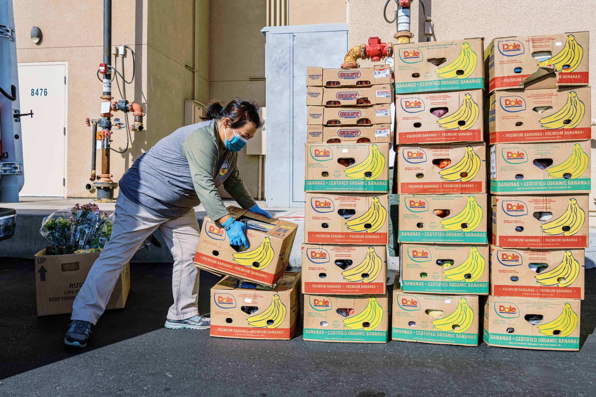 Vue Vang collects donated food from a Trader Joe's in Fresno, California, where, under a new law, grocery stores are required to donate 
