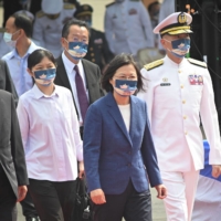 Taiwanese President Tsai Ing-wen arrives for a handover ceremony for a Yushan-class landing platform dock in Kaohsiung, Taiwan, on Sept. 30. | AFP-JIJI